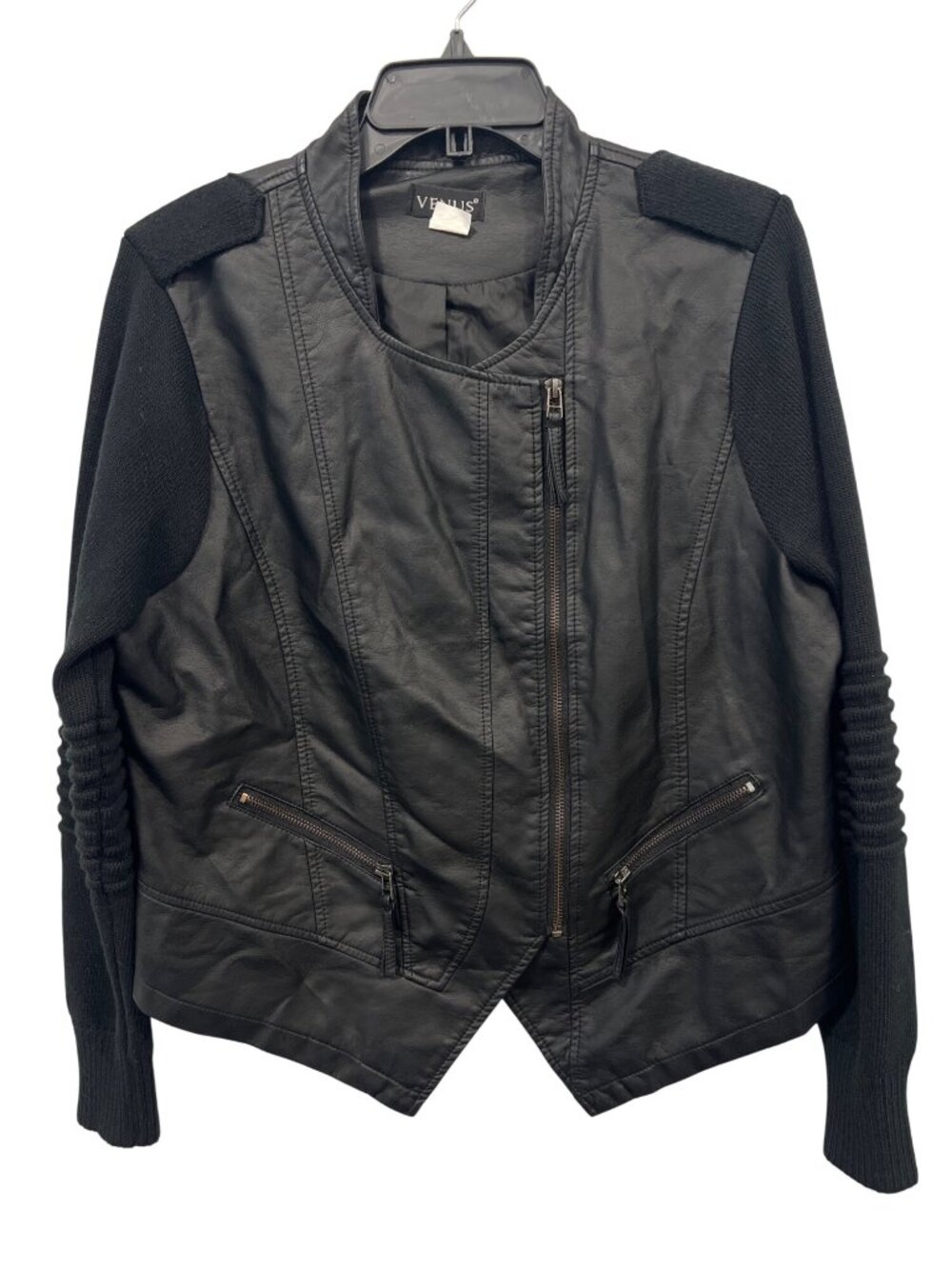 Venus Moto Jacket XL Faux Leather Zip Front Black Knit Sleeve Retro Biker Grunge